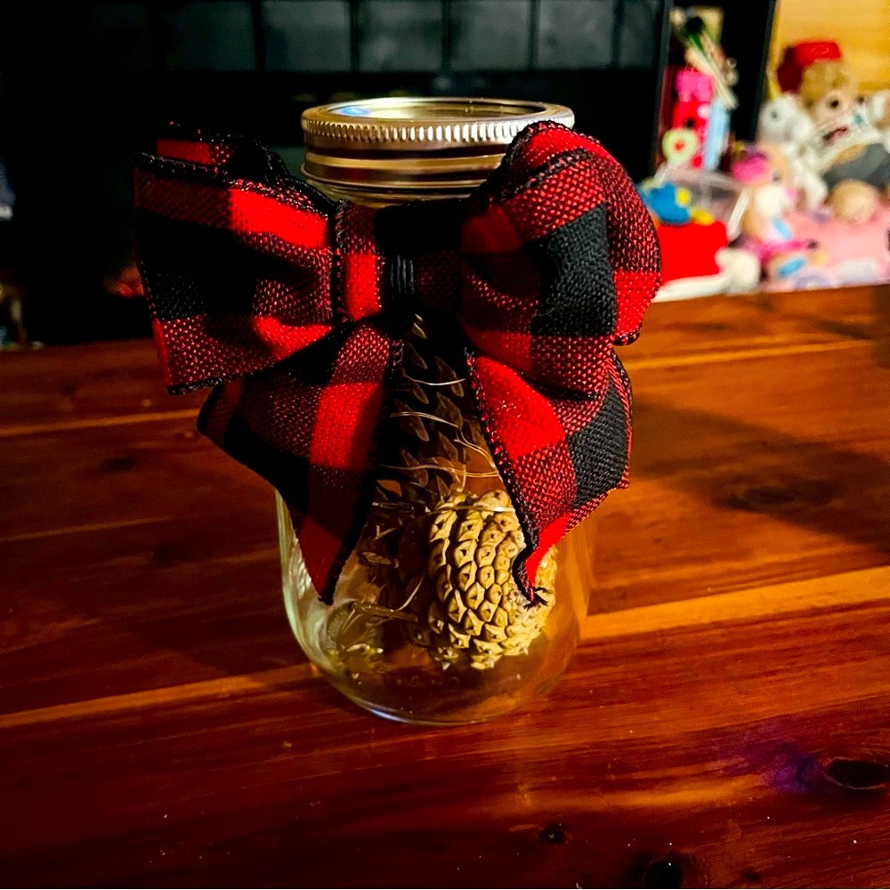 New* Rustic Farmhouse Decor Pinecone FairyLight Mason Jar Buffalo Plaid - Picture 8 of 12